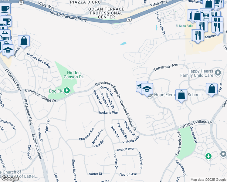 map of restaurants, bars, coffee shops, grocery stores, and more near 2748 Olympia Drive in Carlsbad