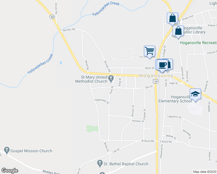 map of restaurants, bars, coffee shops, grocery stores, and more near 601 Elm Street in Hogansville