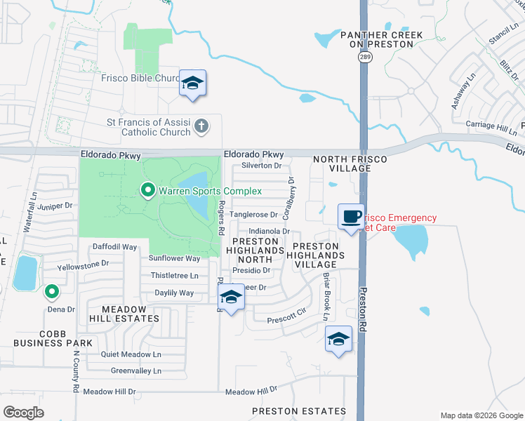 map of restaurants, bars, coffee shops, grocery stores, and more near 8506 Indianola Drive in Frisco