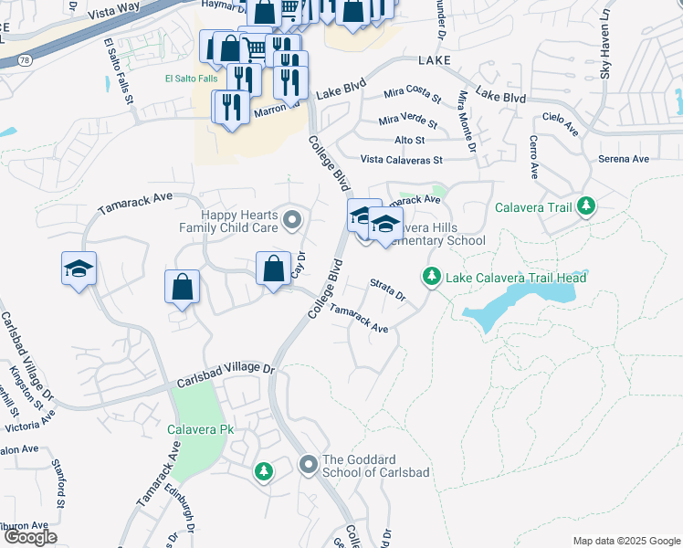 map of restaurants, bars, coffee shops, grocery stores, and more near 3611 Terrace Place in Carlsbad