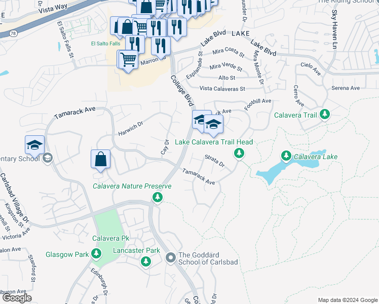 map of restaurants, bars, coffee shops, grocery stores, and more near 3611 Terrace Place in Carlsbad
