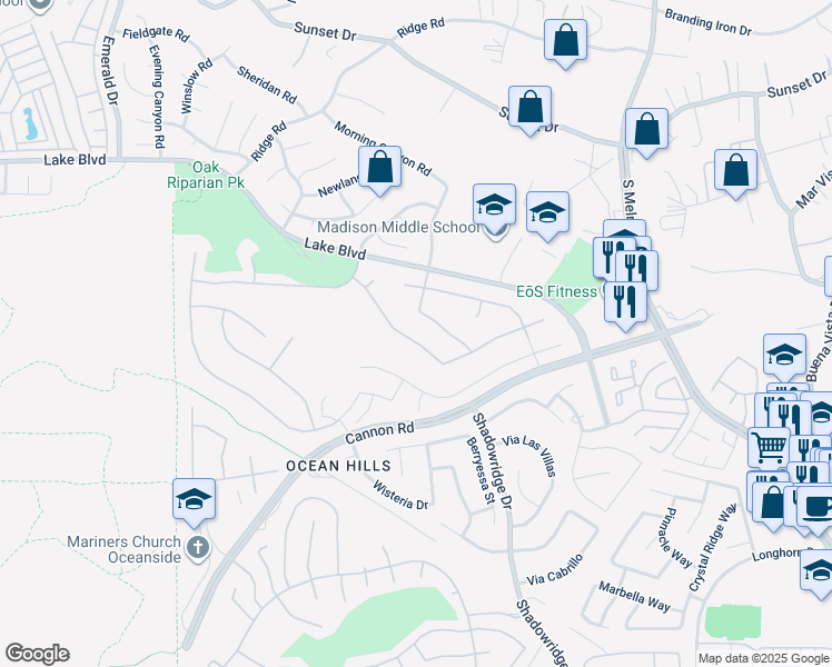map of restaurants, bars, coffee shops, grocery stores, and more near 4926 Colusa Drive in Oceanside