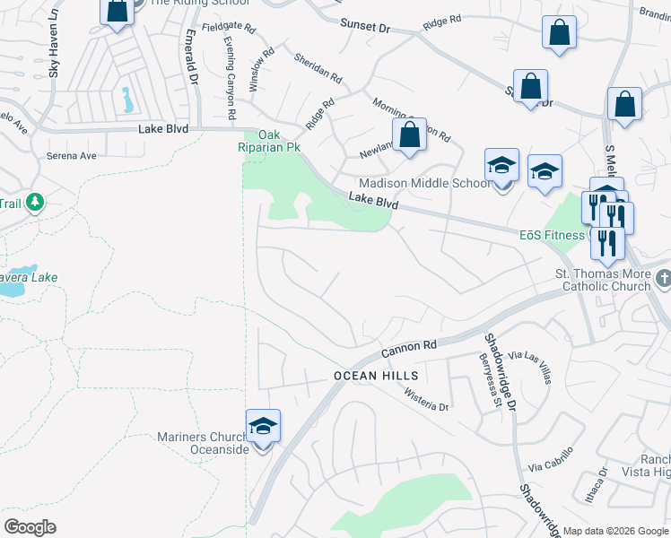 map of restaurants, bars, coffee shops, grocery stores, and more near 3758 Scenic Way in Oceanside