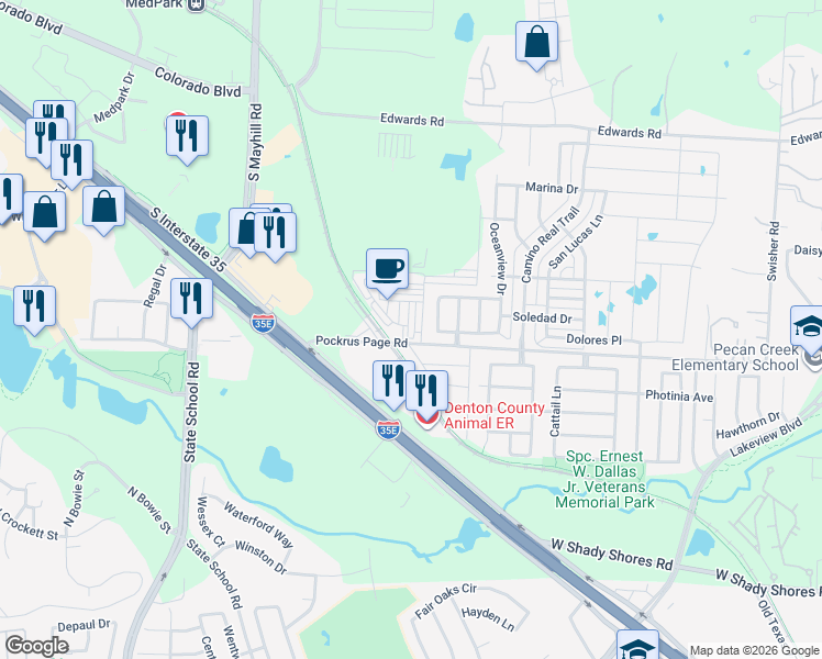 map of restaurants, bars, coffee shops, grocery stores, and more near 5000 Pebble Beach Tr in Denton