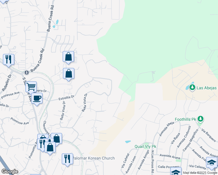 map of restaurants, bars, coffee shops, grocery stores, and more near 2025 Bella Vista Drive in Vista