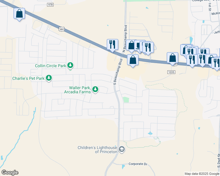 map of restaurants, bars, coffee shops, grocery stores, and more near 300 South Beauchamp Boulevard in Princeton