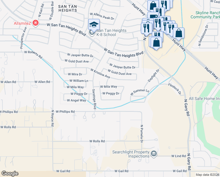 map of restaurants, bars, coffee shops, grocery stores, and more near 2307 West Kristina Avenue in San Tan Valley