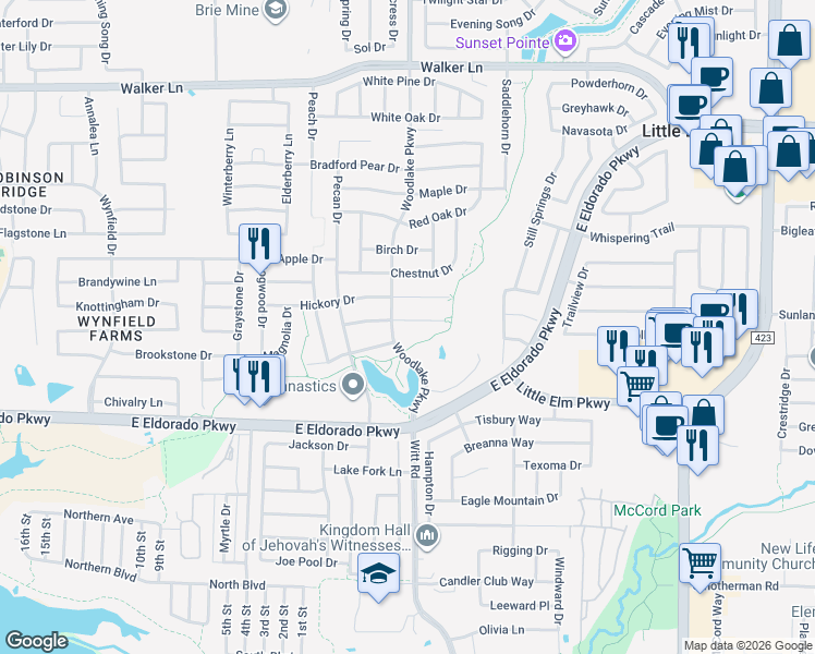 map of restaurants, bars, coffee shops, grocery stores, and more near 2308 Sumac Court in Little Elm