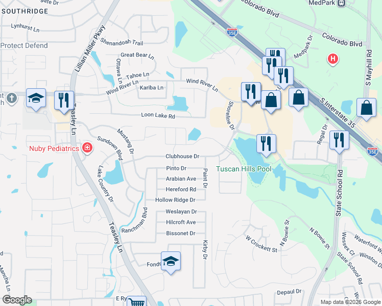 map of restaurants, bars, coffee shops, grocery stores, and more near 2920 Frontier Drive in Denton