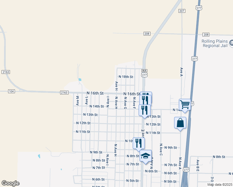 map of restaurants, bars, coffee shops, grocery stores, and more near 1701 North Avenue H in Haskell