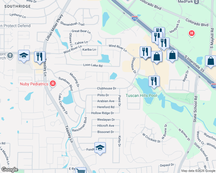 map of restaurants, bars, coffee shops, grocery stores, and more near 3325 Sombrero Drive in Denton