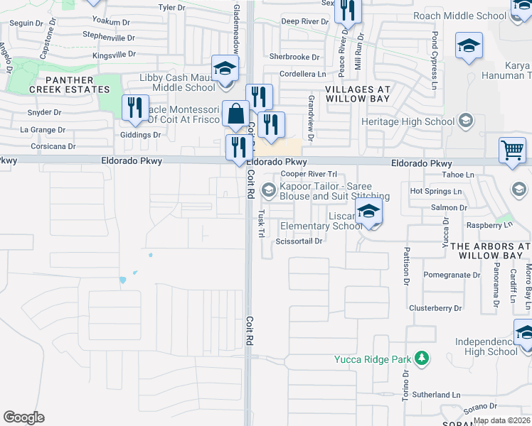 map of restaurants, bars, coffee shops, grocery stores, and more near 11498 Tusk Trail in Frisco