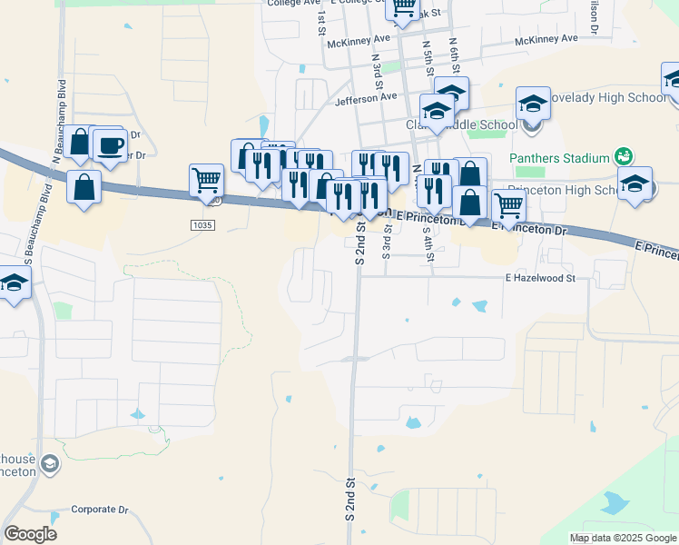 map of restaurants, bars, coffee shops, grocery stores, and more near 136 South 2nd Street in Princeton