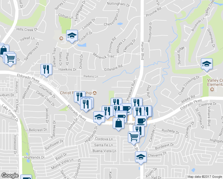 map of restaurants, bars, coffee shops, grocery stores, and more near 3109 Morning Dove Lane in McKinney