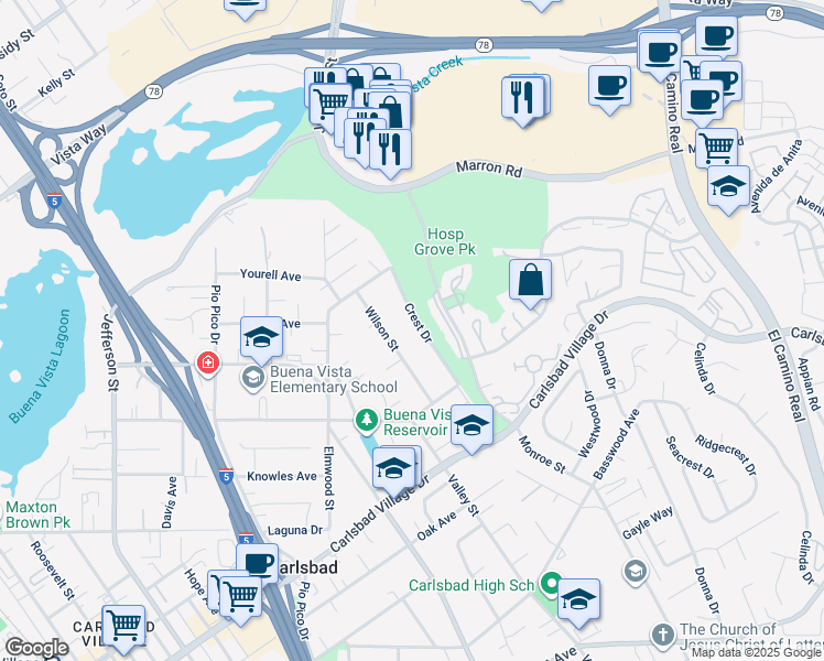 map of restaurants, bars, coffee shops, grocery stores, and more near 2628 Wilson Street in Carlsbad