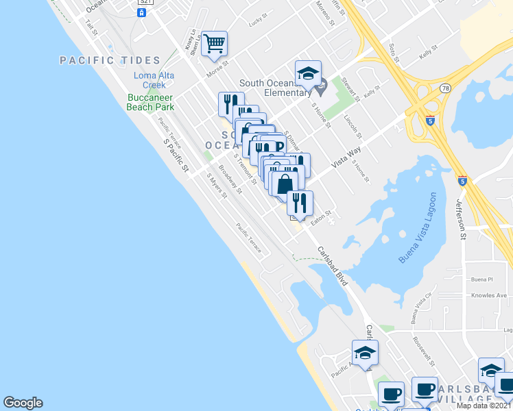 map of restaurants, bars, coffee shops, grocery stores, and more near 1915 South Tremont Street in Oceanside