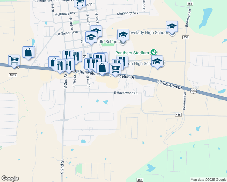 map of restaurants, bars, coffee shops, grocery stores, and more near 691 East Princeton Drive in Princeton