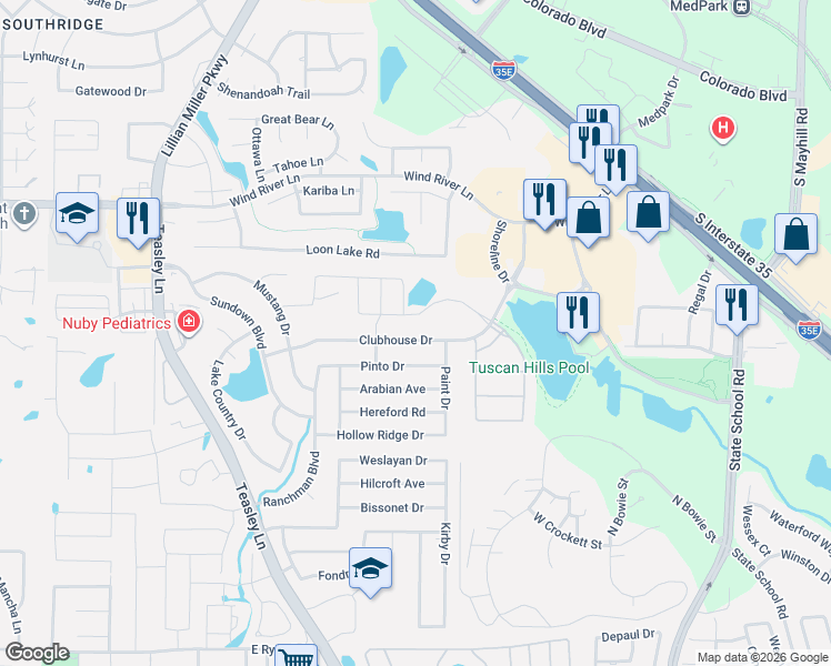 map of restaurants, bars, coffee shops, grocery stores, and more near 2920 Frontier Drive in Denton