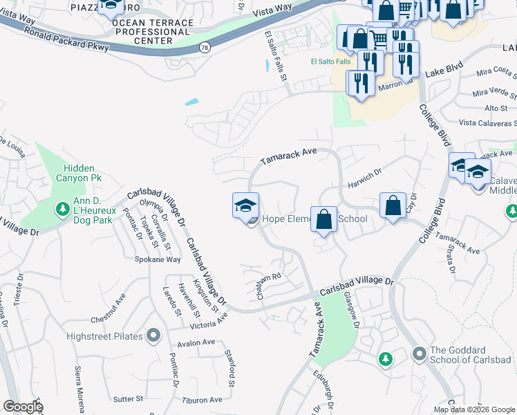 map of restaurants, bars, coffee shops, grocery stores, and more near 3038 Greenwich Street in Carlsbad
