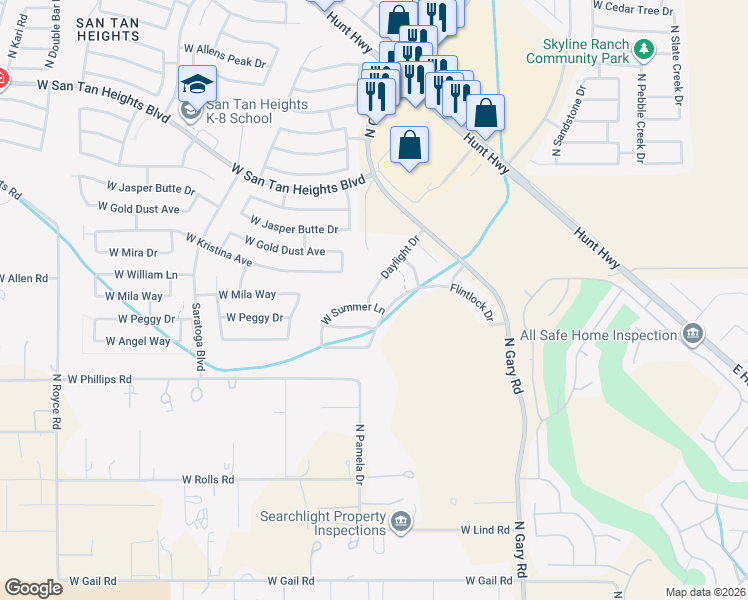 map of restaurants, bars, coffee shops, grocery stores, and more near 32327 North Hidden Canyon Drive in Queen Creek
