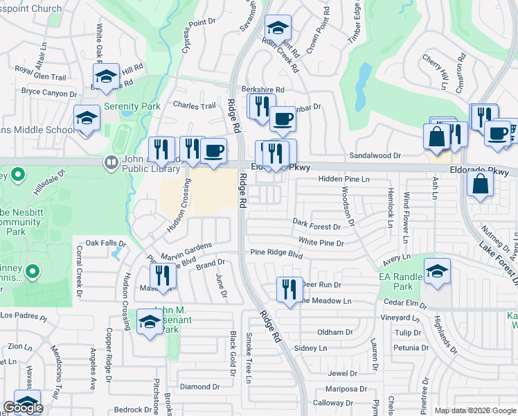 map of restaurants, bars, coffee shops, grocery stores, and more near 3109 Ridge Road in McKinney