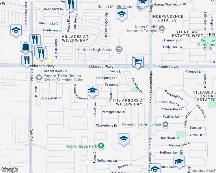 map of restaurants, bars, coffee shops, grocery stores, and more near 13875 Salmon Drive in Frisco