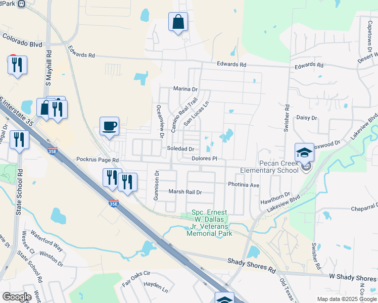 map of restaurants, bars, coffee shops, grocery stores, and more near 5416 Soledad Drive in Denton