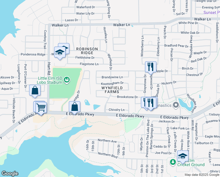 map of restaurants, bars, coffee shops, grocery stores, and more near 1445 Knottingham Drive in Little Elm