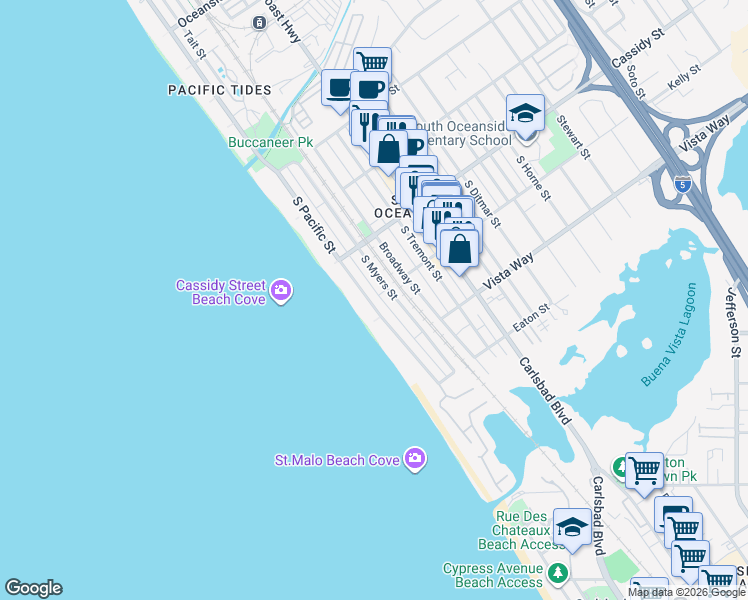 map of restaurants, bars, coffee shops, grocery stores, and more near 1846 South Pacific Street in Oceanside
