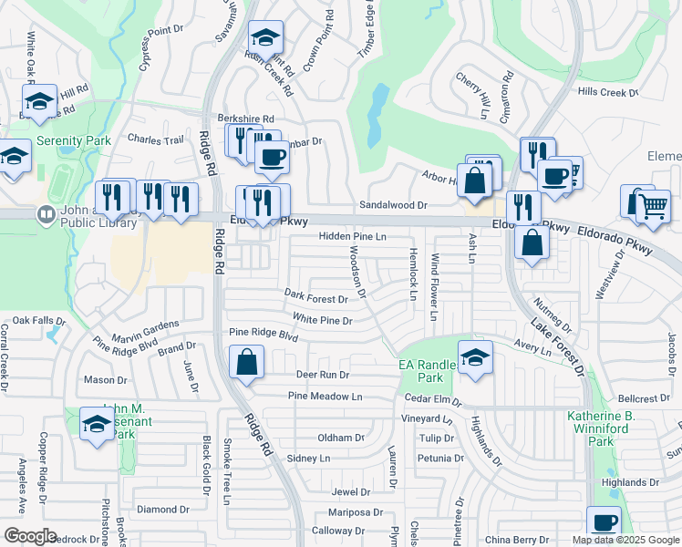 map of restaurants, bars, coffee shops, grocery stores, and more near 5812 Pinyon Drive in McKinney