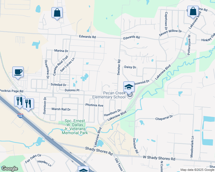 map of restaurants, bars, coffee shops, grocery stores, and more near 6287 Pockrus Page Road in Denton