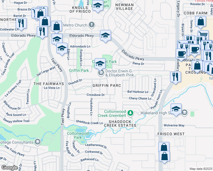 map of restaurants, bars, coffee shops, grocery stores, and more near in Frisco