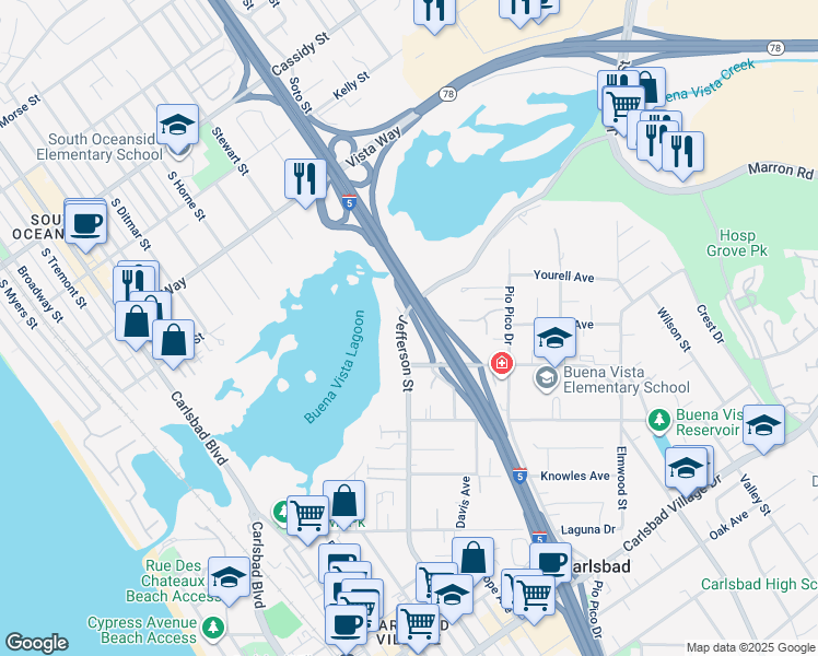 map of restaurants, bars, coffee shops, grocery stores, and more near 2355 Jefferson Street in Carlsbad