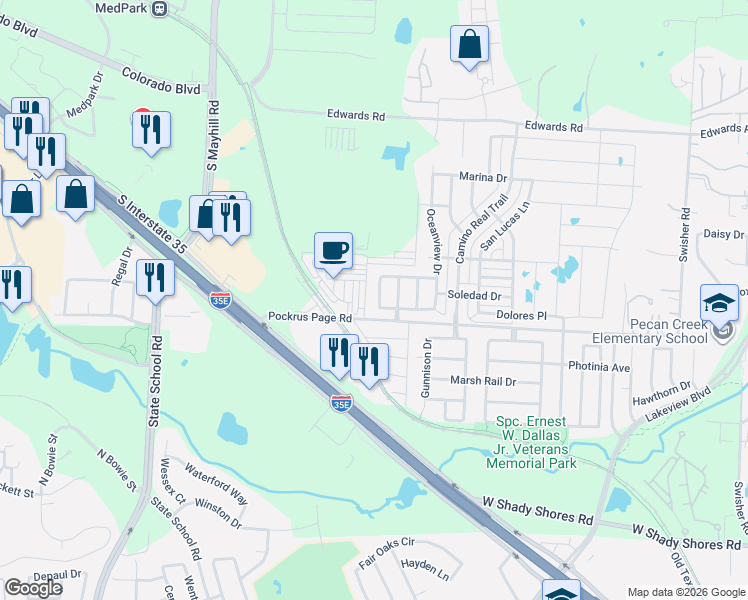 map of restaurants, bars, coffee shops, grocery stores, and more near 3808 Windy Point Drive in Denton