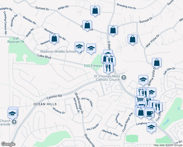 map of restaurants, bars, coffee shops, grocery stores, and more near 4981 Marin Drive in Oceanside