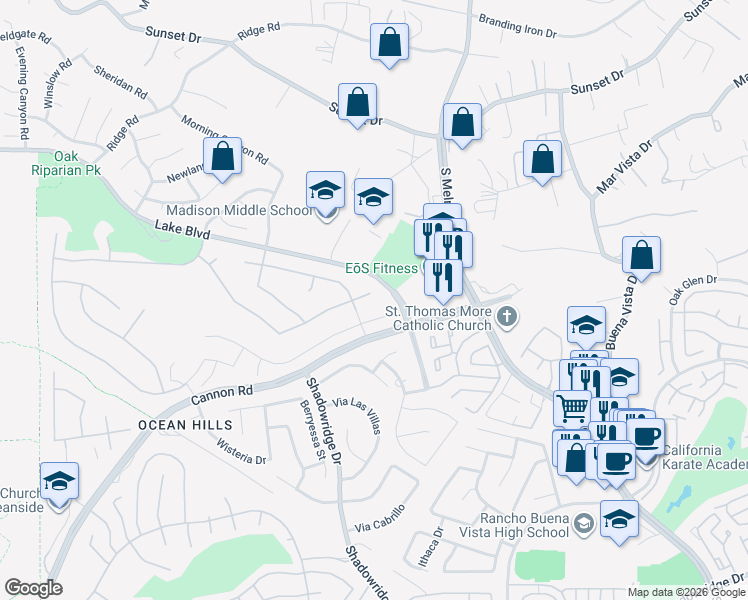 map of restaurants, bars, coffee shops, grocery stores, and more near 4981 Marin Drive in Oceanside