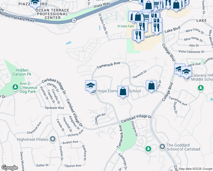 map of restaurants, bars, coffee shops, grocery stores, and more near 3019 Glenbrook Street in Carlsbad