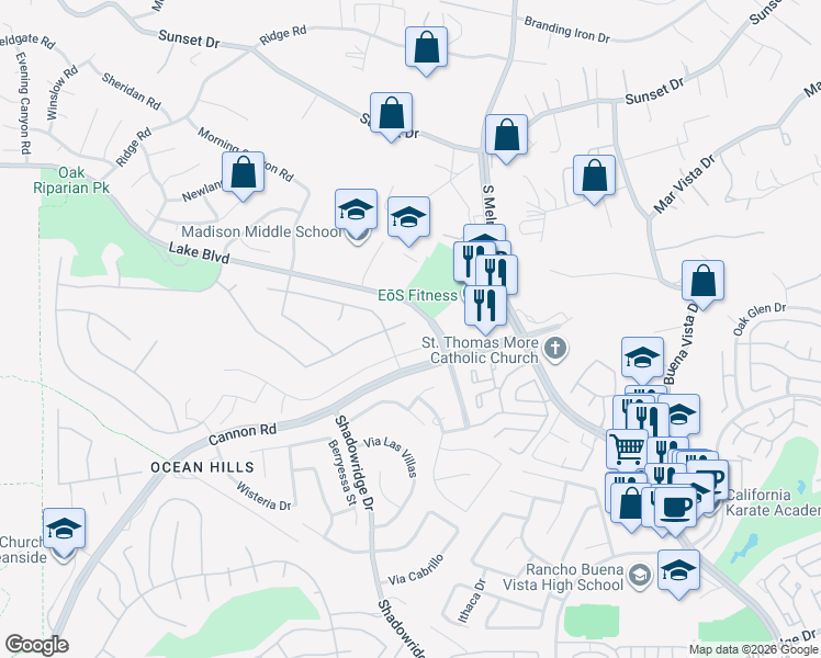 map of restaurants, bars, coffee shops, grocery stores, and more near 4981 Marin Drive in Oceanside