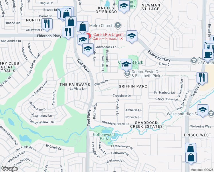 map of restaurants, bars, coffee shops, grocery stores, and more near 3304 Munstead Trail in Frisco