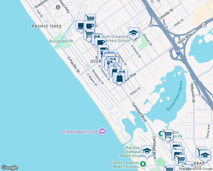 map of restaurants, bars, coffee shops, grocery stores, and more near 1913 South Tremont Street in Oceanside