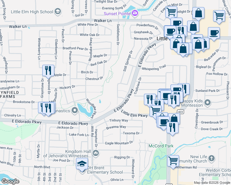 map of restaurants, bars, coffee shops, grocery stores, and more near 2549 Cain River Drive in Little Elm