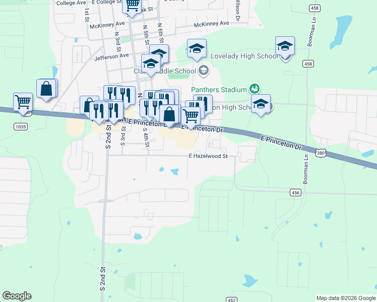 map of restaurants, bars, coffee shops, grocery stores, and more near 514 East Hazelwood Street in Princeton