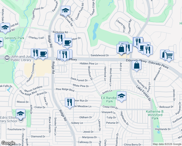 map of restaurants, bars, coffee shops, grocery stores, and more near 3109 Woodson Drive in McKinney