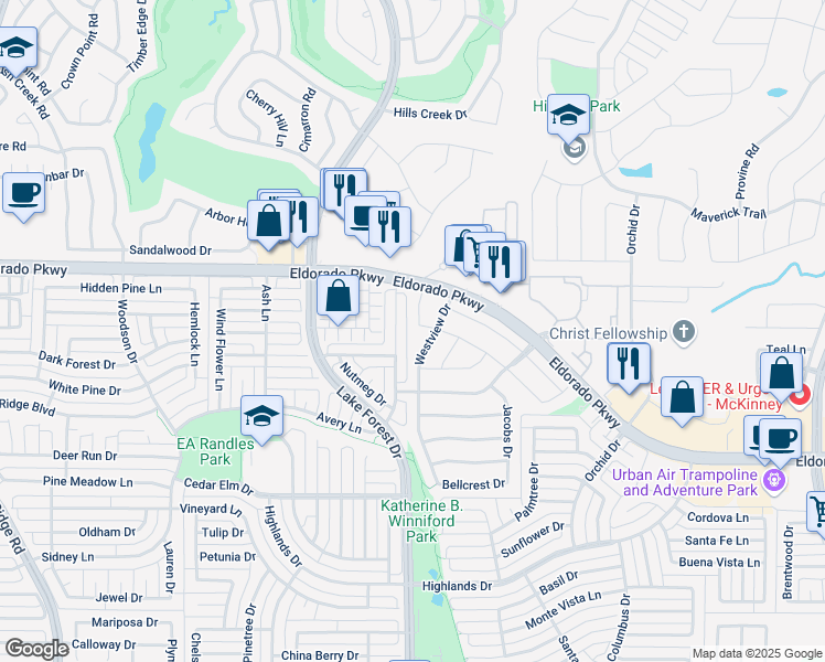 map of restaurants, bars, coffee shops, grocery stores, and more near 4711 Cedar Crest Drive in McKinney