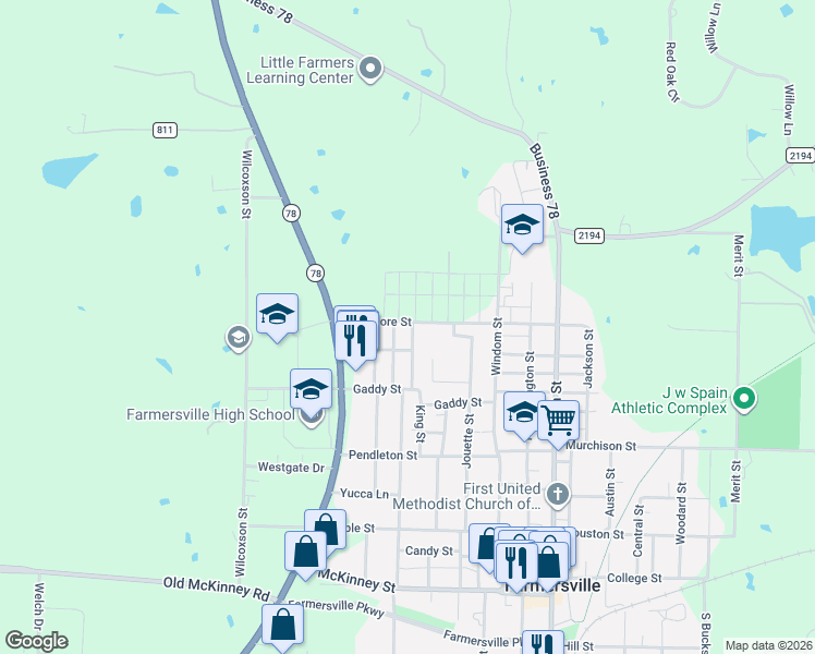 map of restaurants, bars, coffee shops, grocery stores, and more near 608 Waterford Street in Farmersville