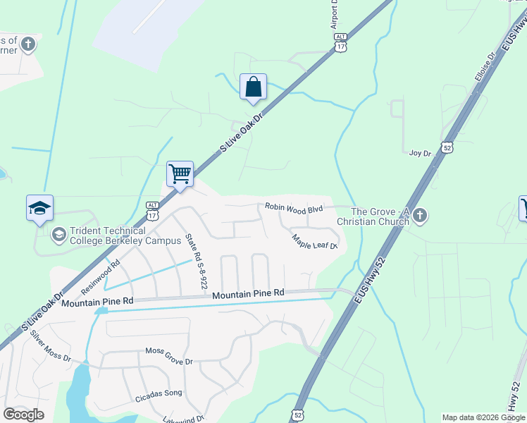 map of restaurants, bars, coffee shops, grocery stores, and more near 2030 Robin Wood Boulevard in Moncks Corner