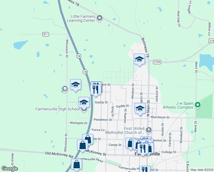 map of restaurants, bars, coffee shops, grocery stores, and more near 608 Waterford Street in Farmersville