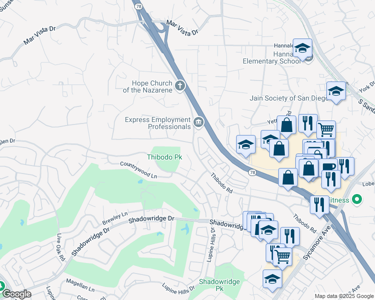 map of restaurants, bars, coffee shops, grocery stores, and more near 1820 Goldenrod Lane in Vista