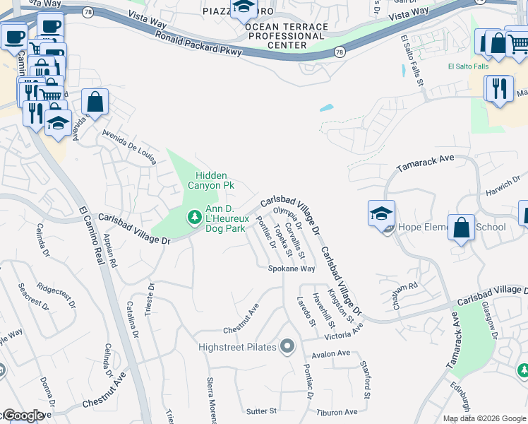 map of restaurants, bars, coffee shops, grocery stores, and more near 2722 Olympia Drive in Carlsbad