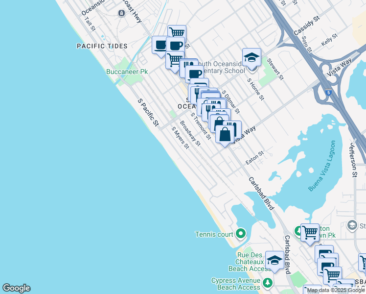 map of restaurants, bars, coffee shops, grocery stores, and more near 1901 South Myers Street in Oceanside